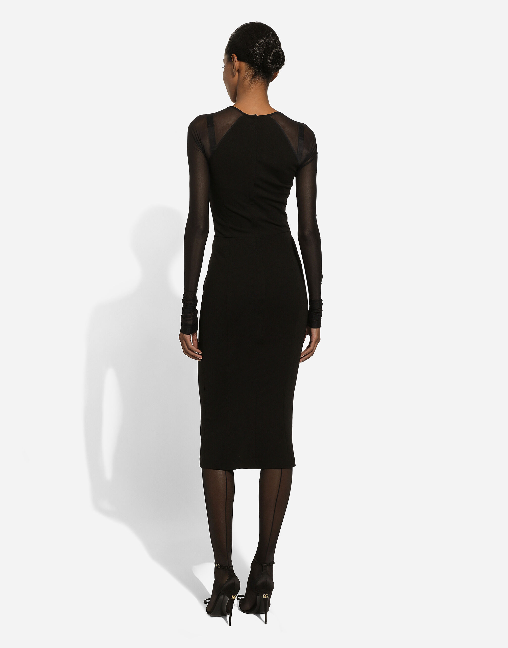 Jersey calf-length dress with tulle sleeves