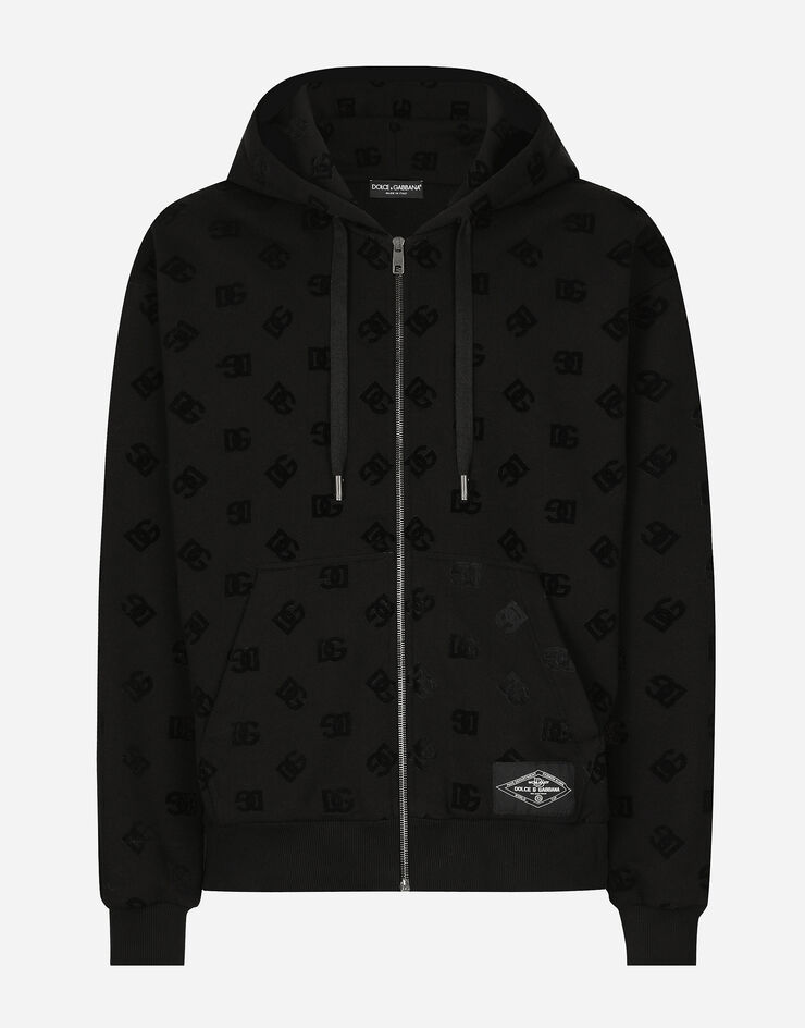 Dolce & Gabbana Zip-up hoodie with all-over DG print Black G9AIYTG7NWD