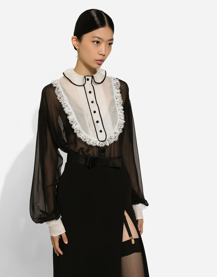 Dolce & Gabbana Bluse aus Chiffon mit Plastron und Manschetten aus Organza Black F5S17TFU1AT