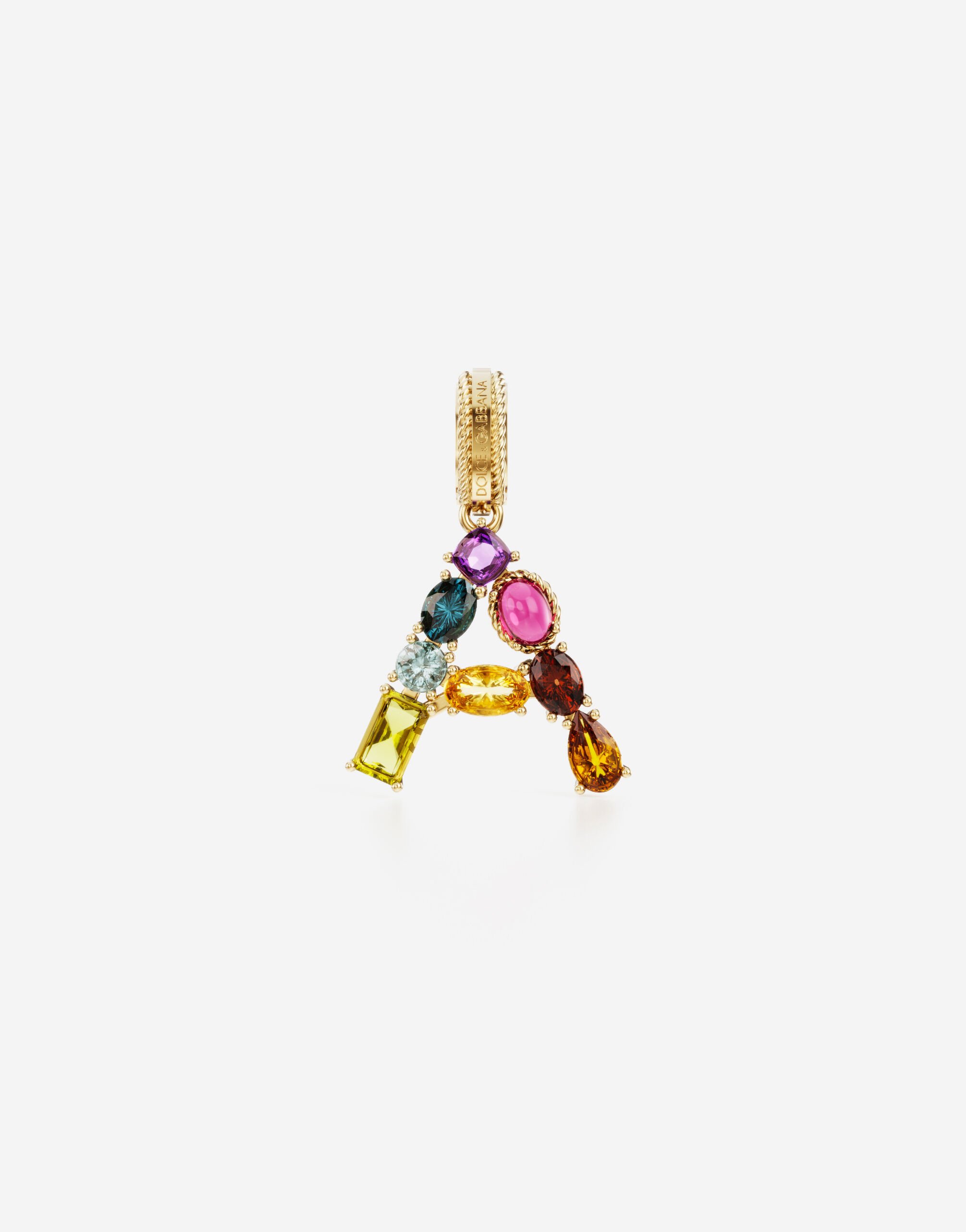 ${brand} Rainbow alphabet A 18 kt yellow gold charm with multicolor fine gems ${colorDescription} ${masterID}