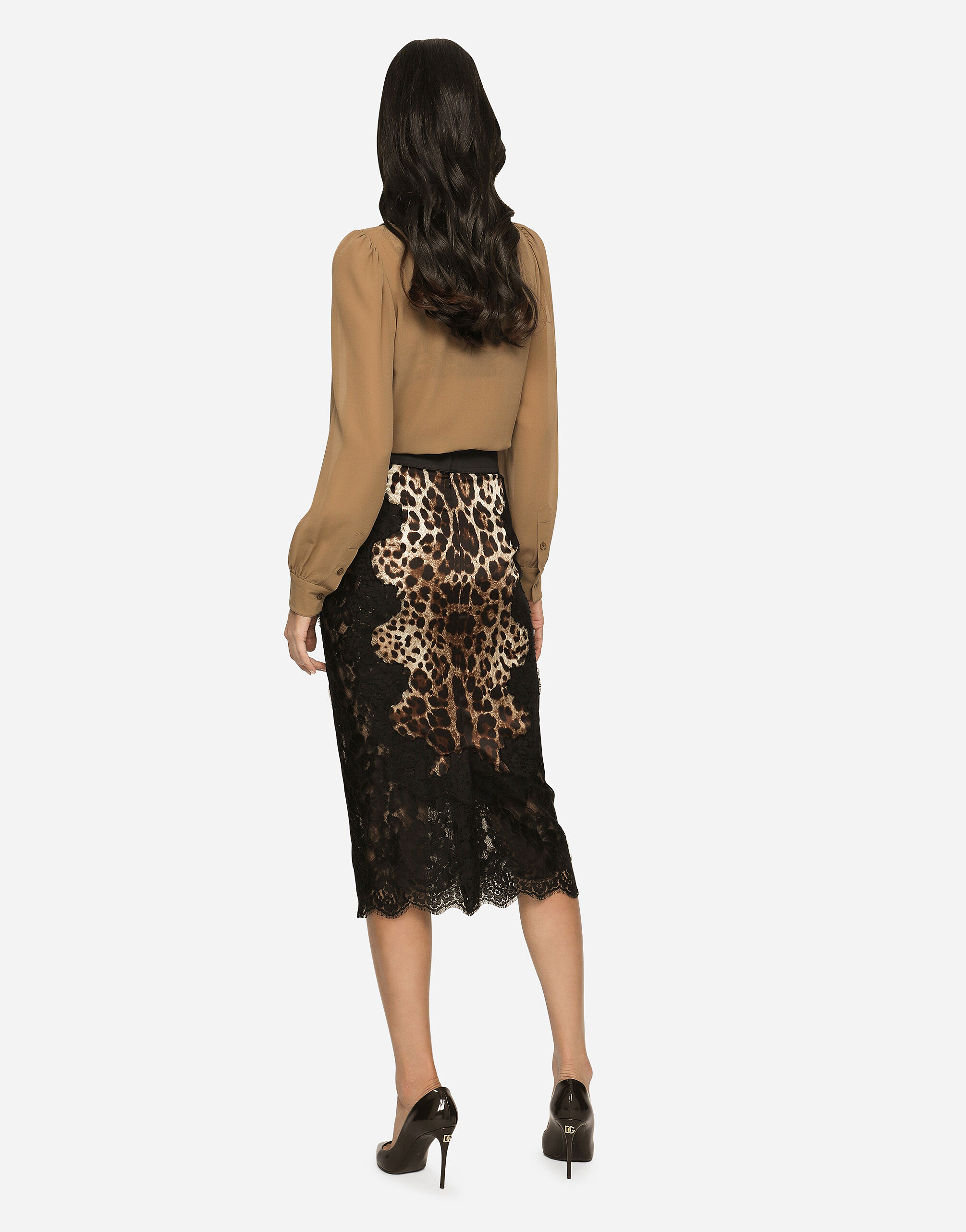 Leopard-print satin midi skirt with lace inserts in Multicolor for