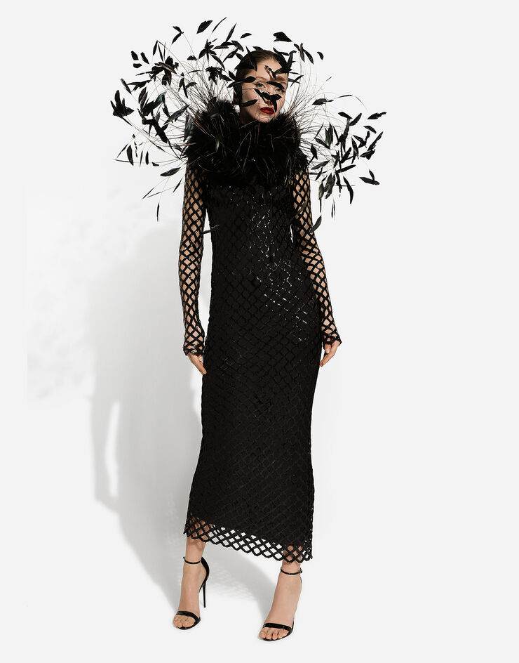 Dolce & Gabbana Длинное сетчатое платье с вышивкой пайетками черный F6DFDTFLSIO