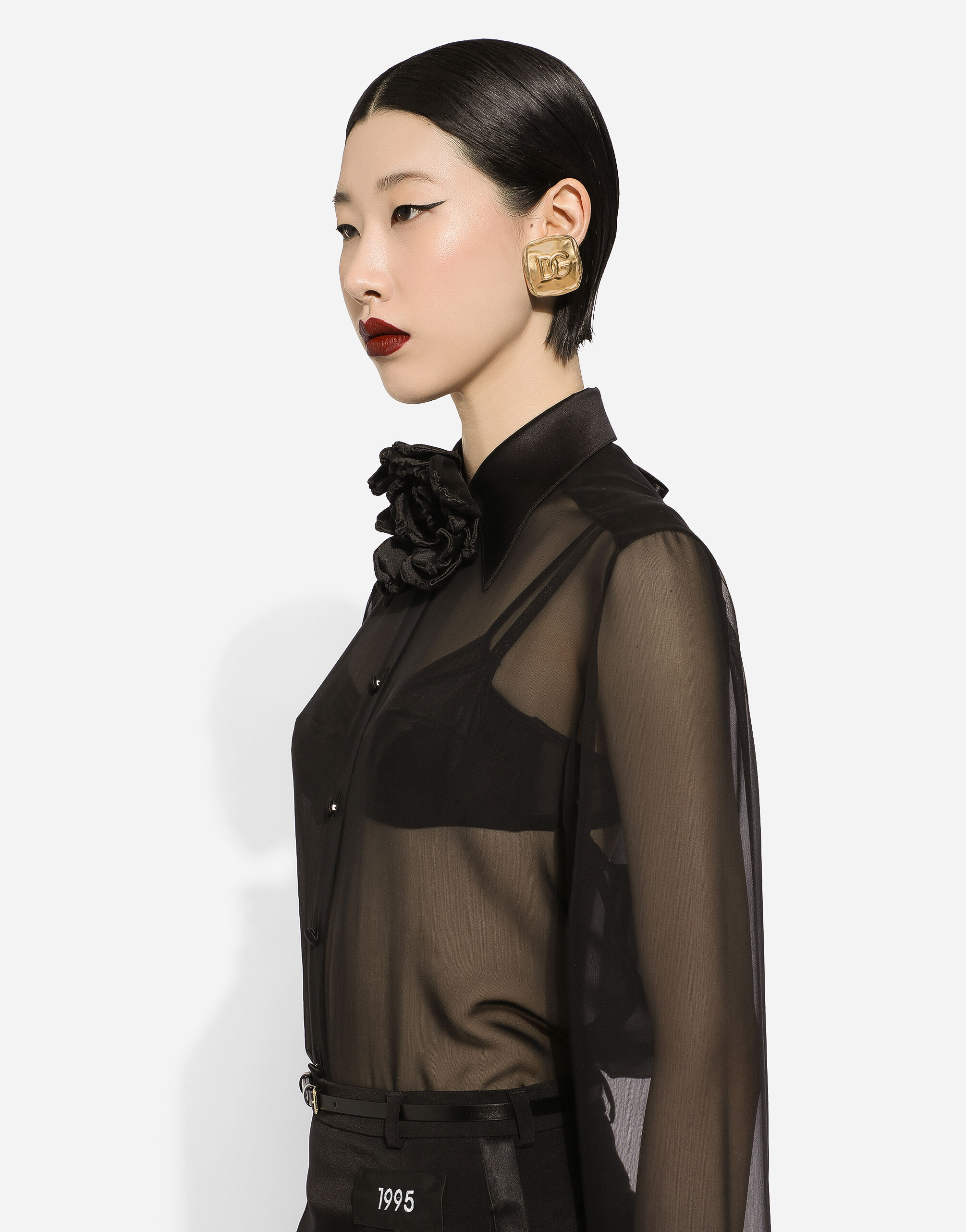 Silk chiffon shirt with satin details in Black for Women 