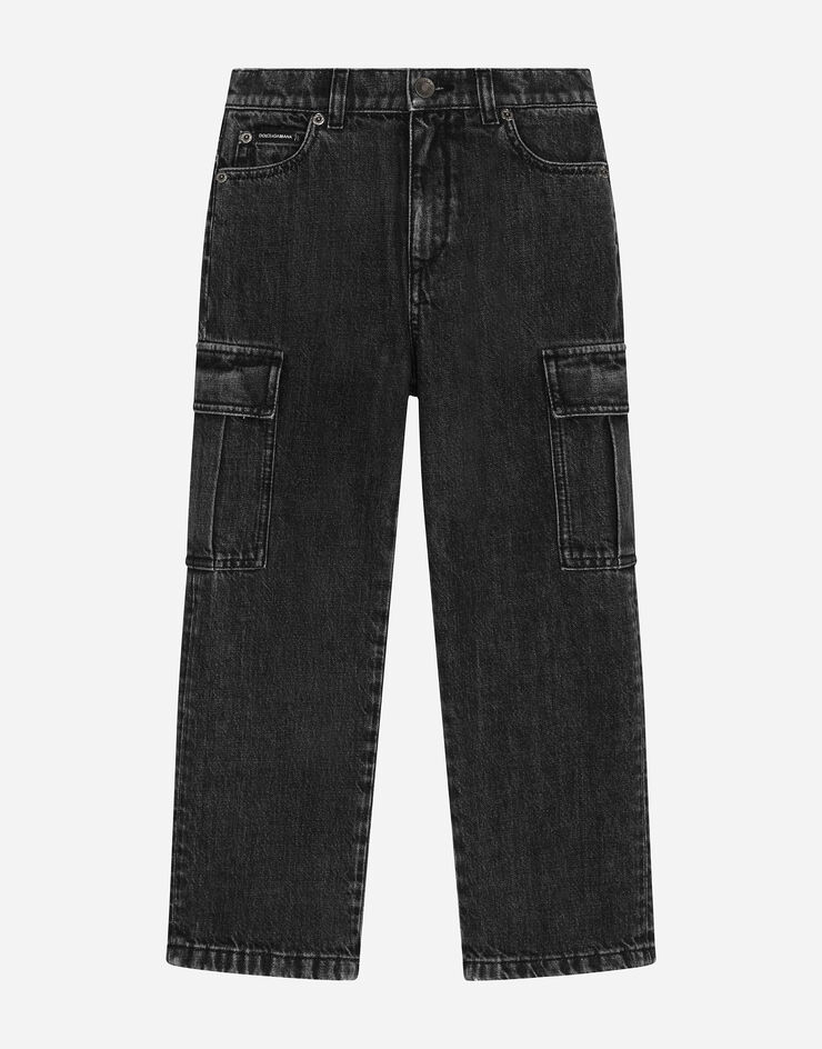 Dolce & Gabbana Pantalon cargo 5 poches en denim avec plaquette à logo Noir L42F67LDC26