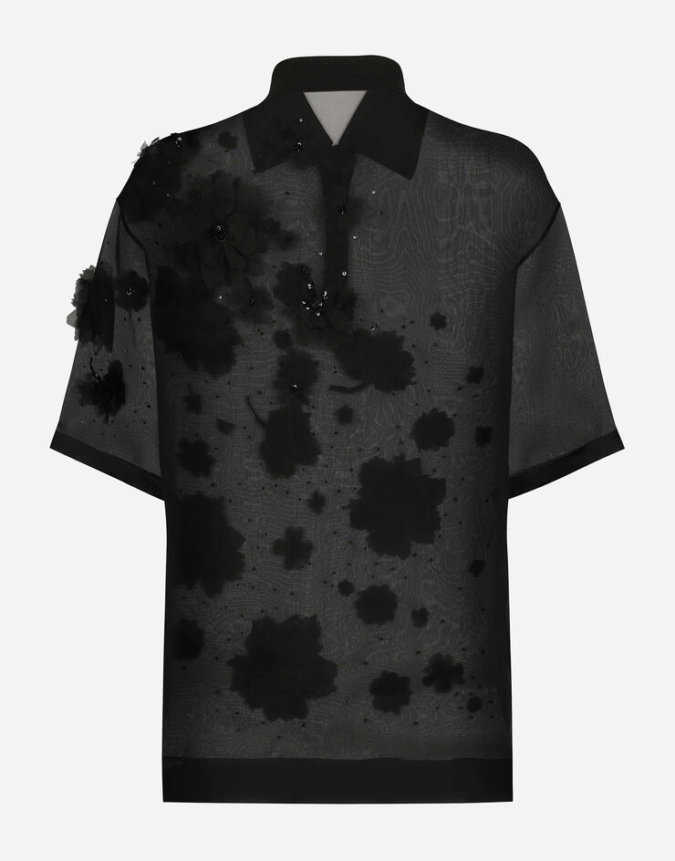 Dolce & Gabbana 자수 장식 실크 오간자 폴로 셔츠 블랙 G8RG4ZFU1ID