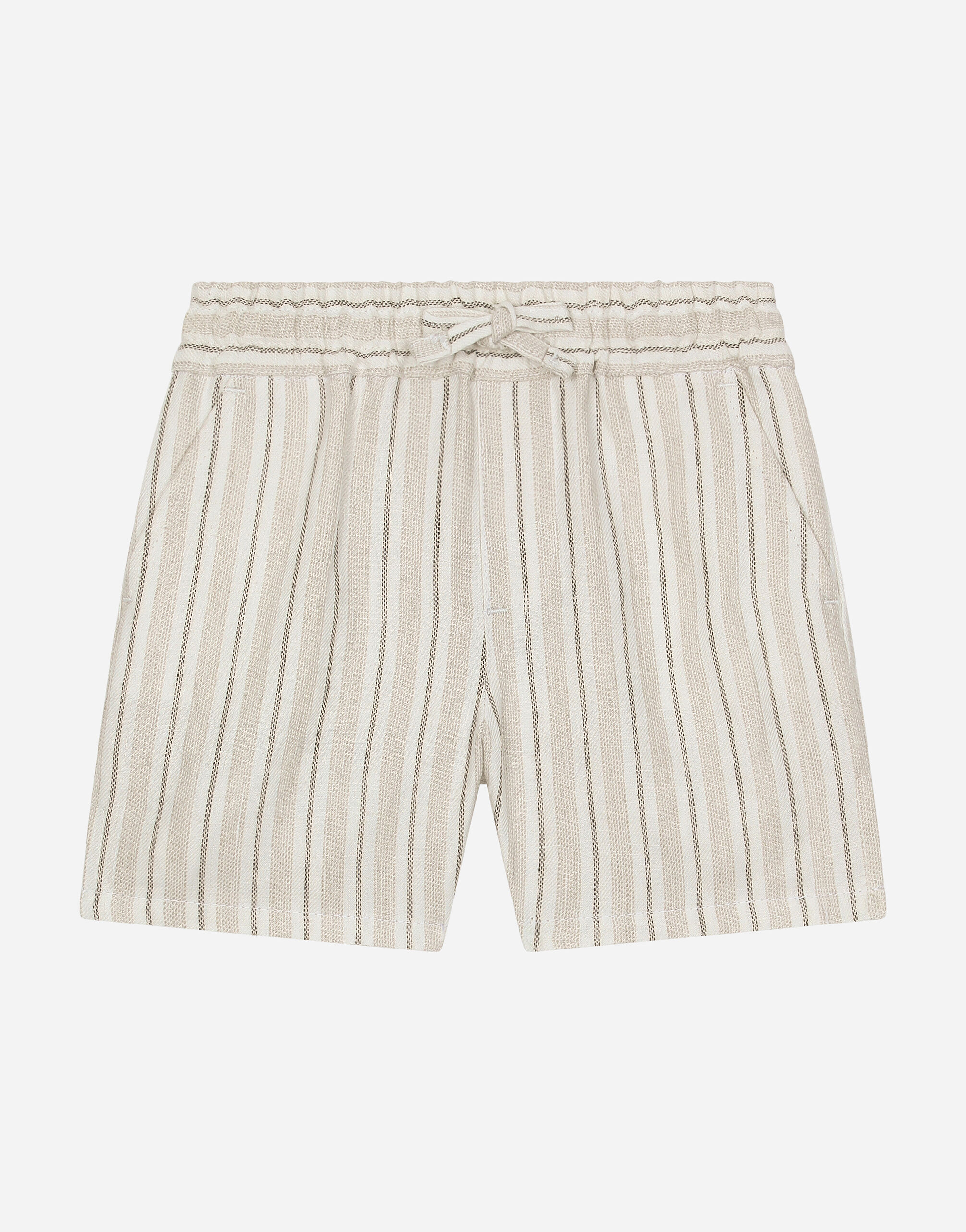 ${brand} Striped linen shorts with branded label ${colorDescription} ${masterID}