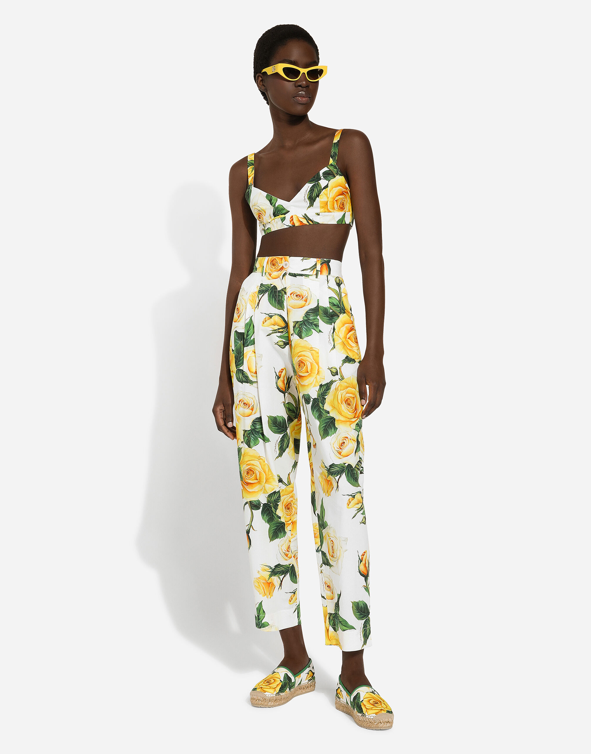 High-waisted cotton pants with yellow rose print