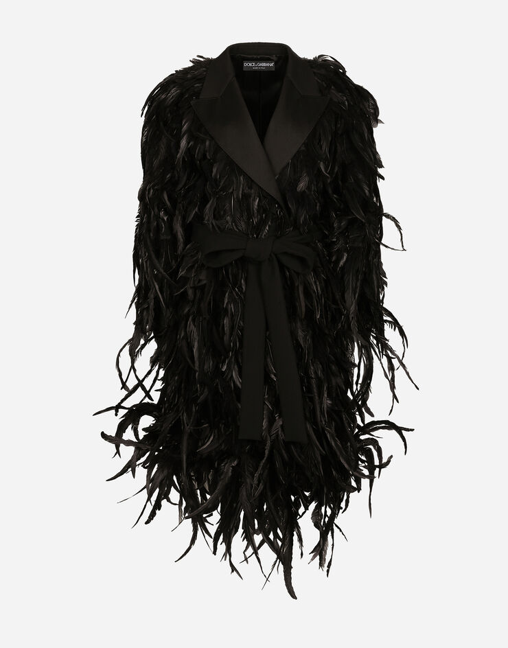 Dolce & Gabbana Wool gabardine coat with all-over rooster feather embellishment Black F0W2GZGDCRQ