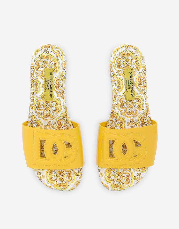 Dolce & Gabbana Patent leather sliders with yellow majolica print and cut-out DG detail Yellow D11247A1067