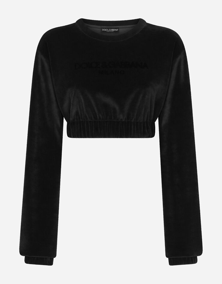 Dolce&Gabbana Sweat-shirt court en chenille avec broderie en point noué Noir F9R30ZGDBZU