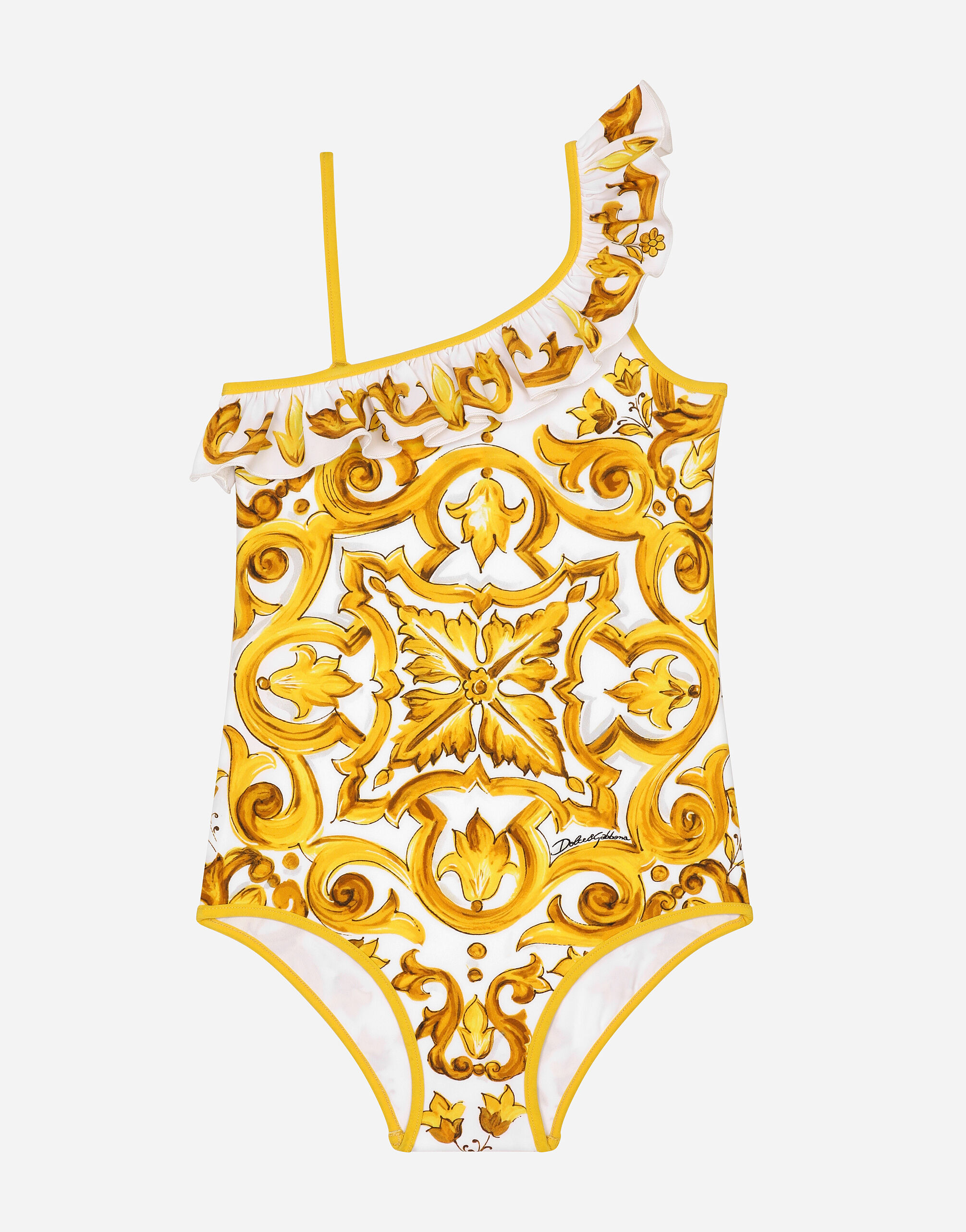 Dolce & Gabbana 黄色马约利卡印花连体泳衣 版画 L5J852ON00X
