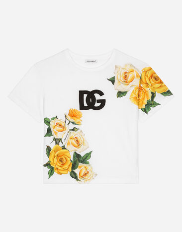 Dolce & Gabbana Jersey T-shirt with yellow rose print and DG logo Black EP0097AQ970