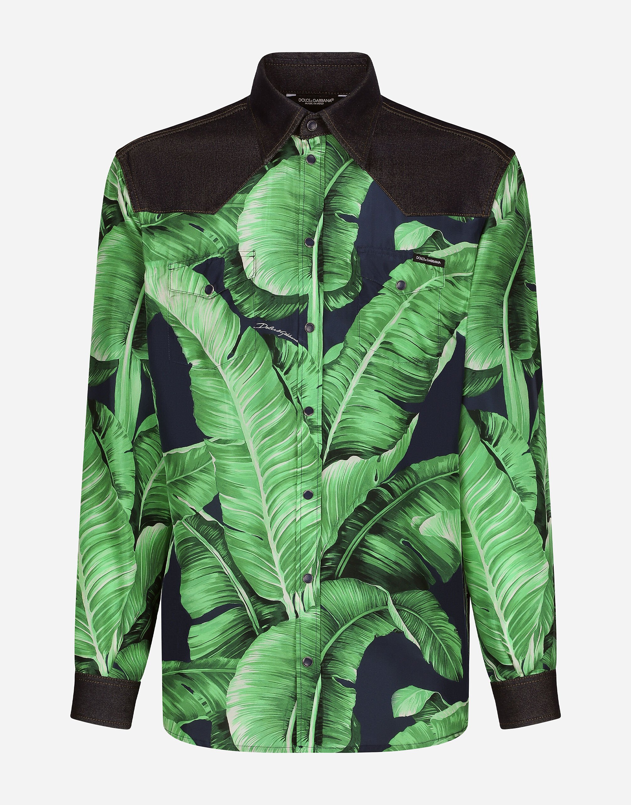 ${brand} Silk and stretch denim shirt with banana tree print ${colorDescription} ${masterID}