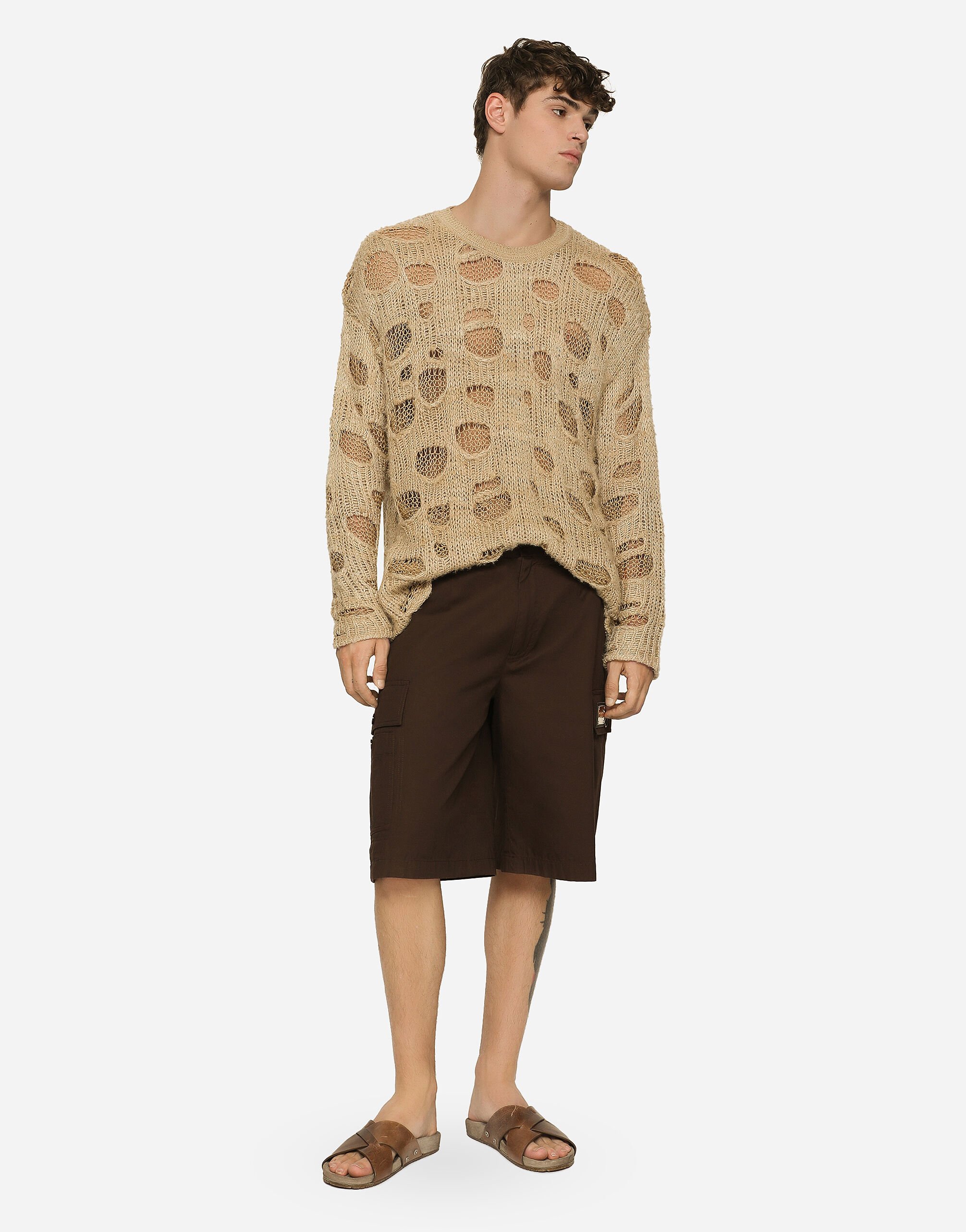 Cotton gabardine cargo Bermuda shorts with brand plate in Brown 