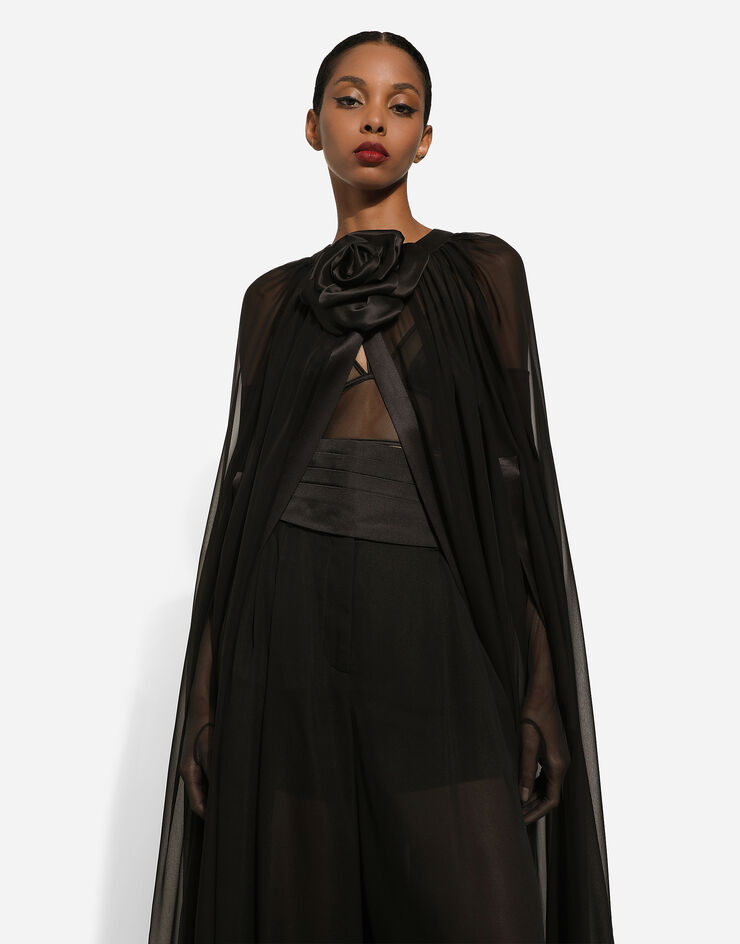 Dolce&Gabbana Silk chiffon cape with flower appliqué Black F0W1NTFU1AT