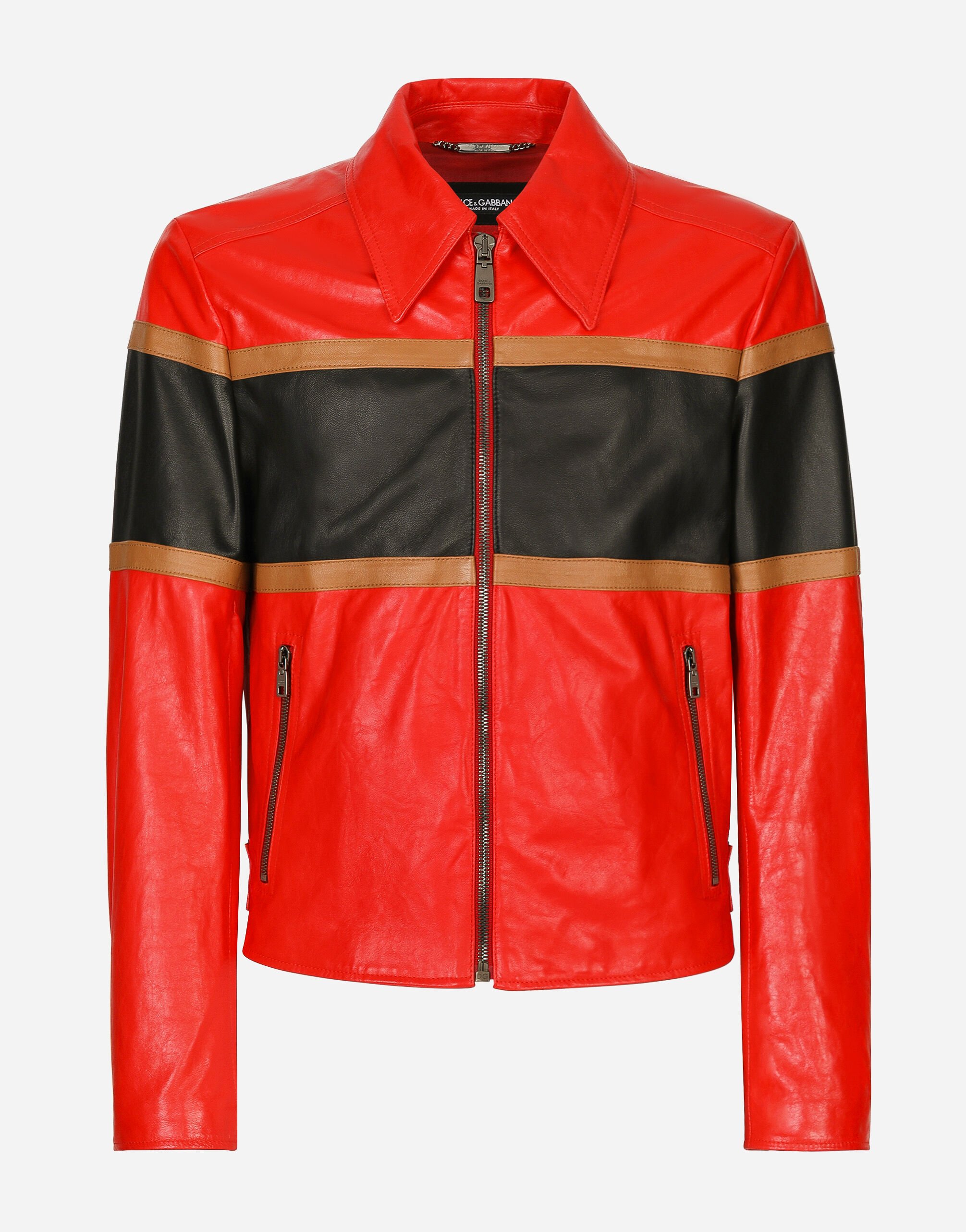 Dolce & Gabbana Leather jacket with contrasting inserts Black GP0D4TFU5PY