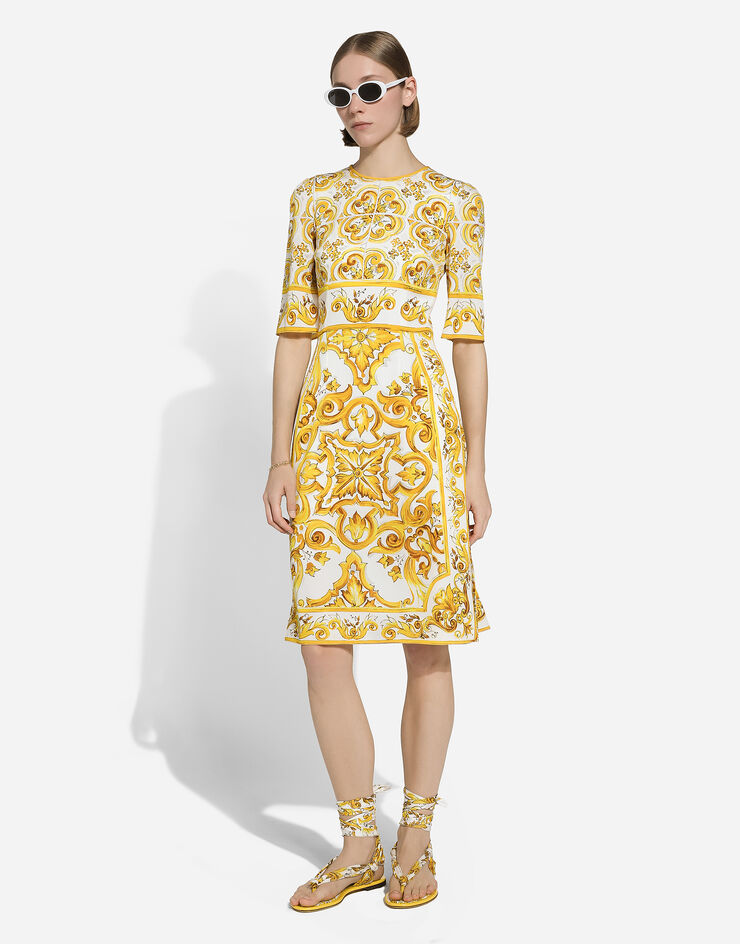 Dolce & Gabbana Платье миди из шелкового шармеза с принтом майолики Отпечатки F6ADSTHPABL