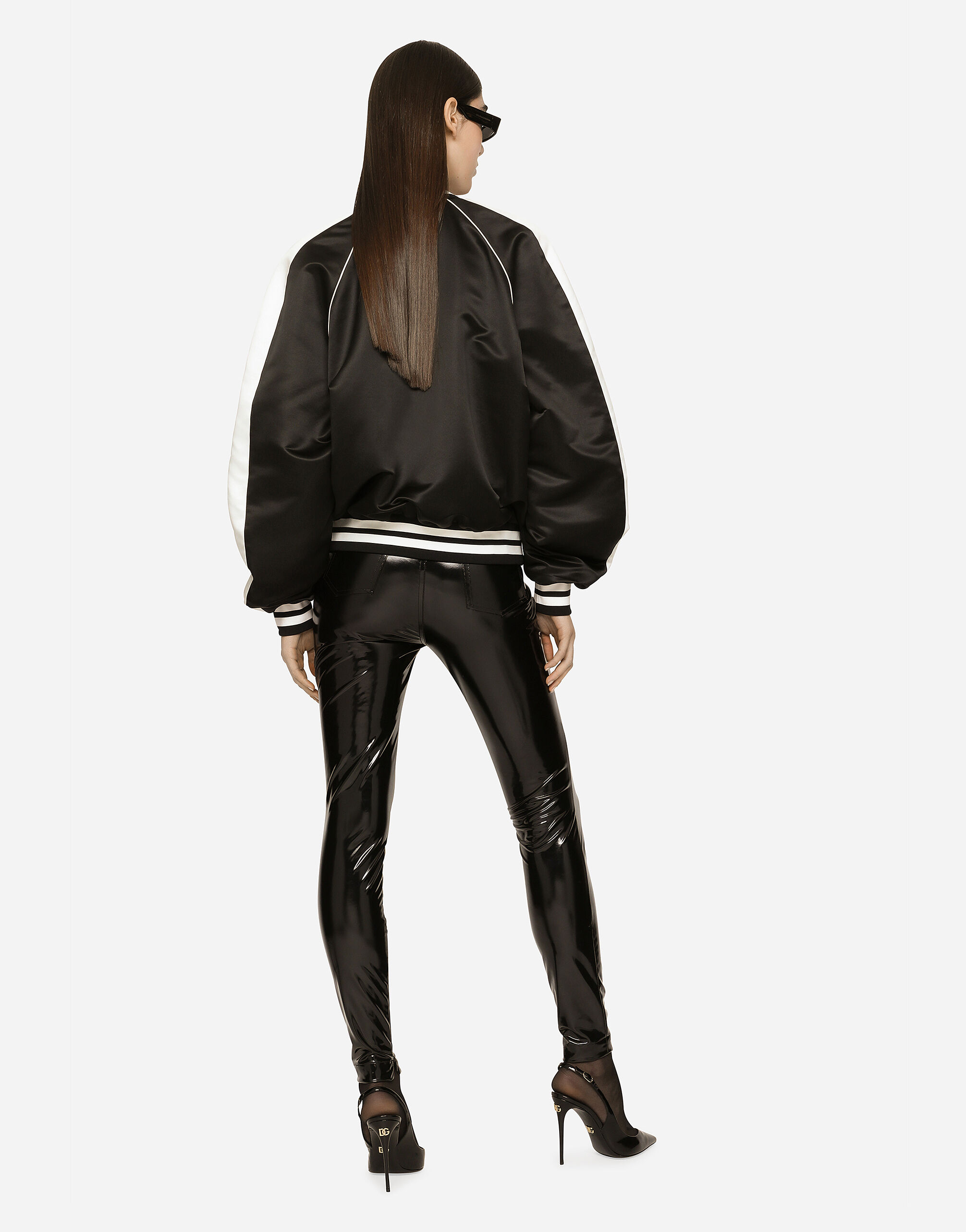 Satin varsity bomber jacket with Dolce&Gabbana embroidery in Black 
