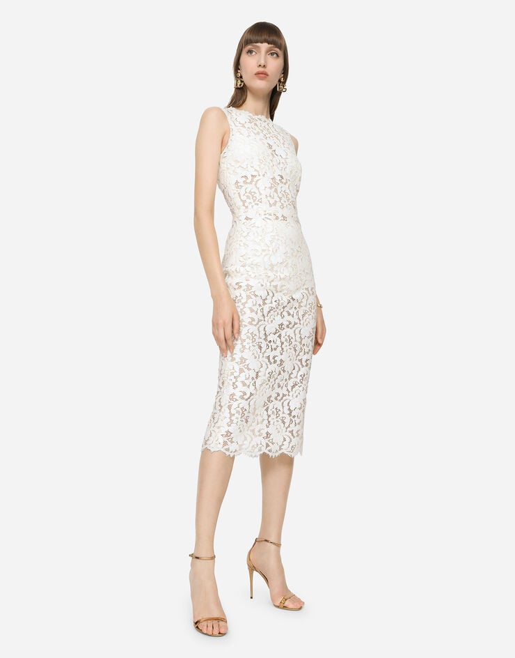 Laminated lace calf-length dress in White for