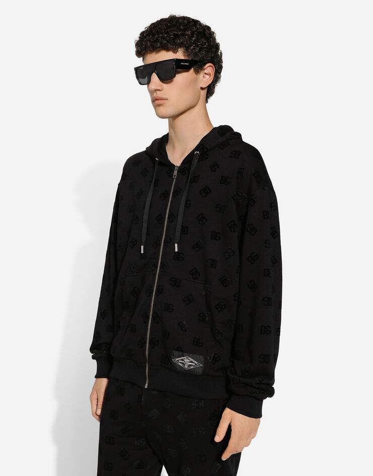 Dolce & Gabbana Zip-up hoodie with all-over DG print Black G9AIYTG7NWD