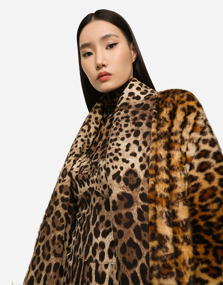 KIM DOLCE&GABBANA Long faux fur coat with leopard print