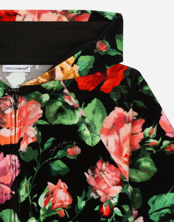 Dolce & Gabbana Sudadera de felpa con capucha y estampado de rosas sobre fondo negro Imprima L5JWBBHS7O9