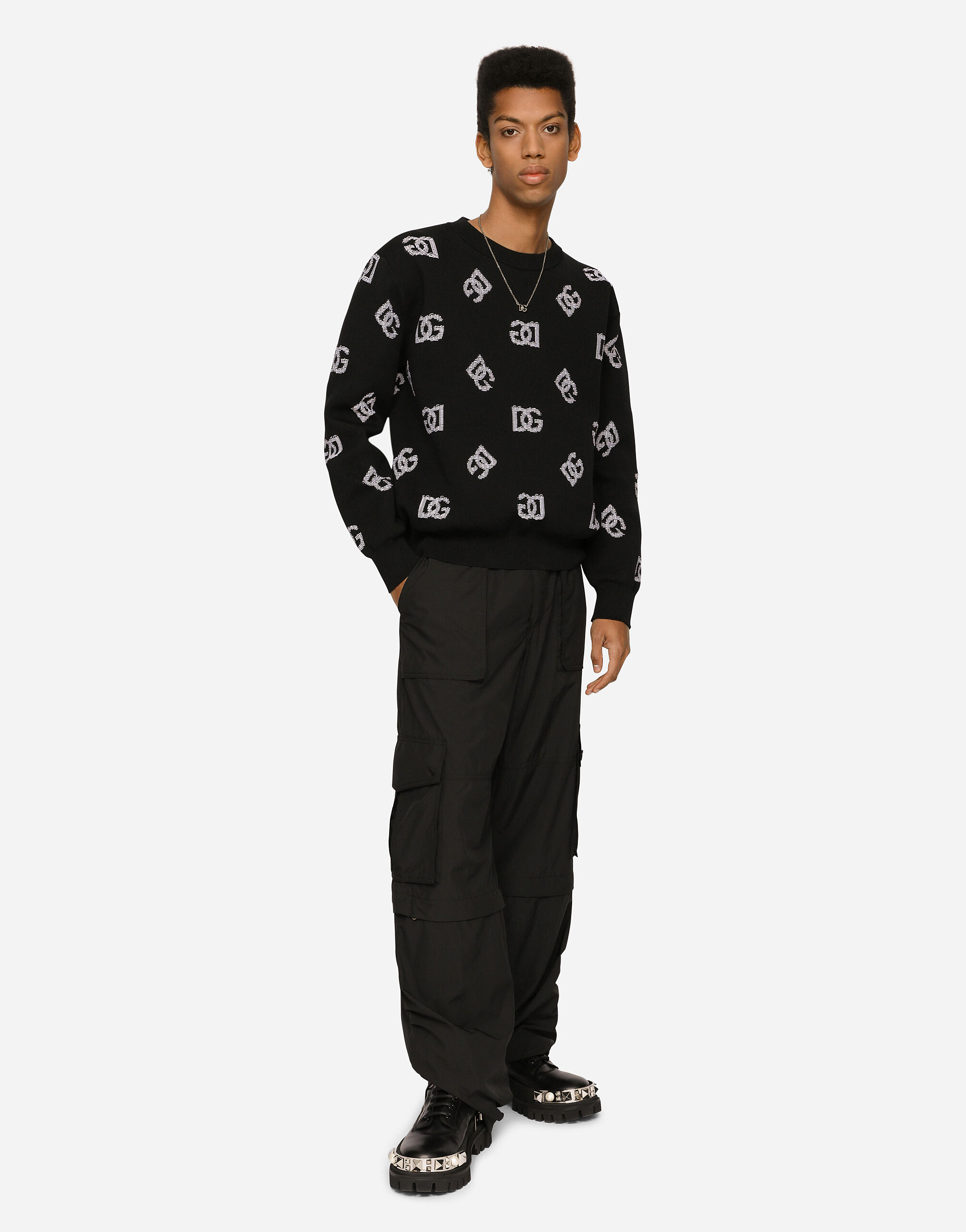 Round-neck technical jacquard sweater with DG detailing in 