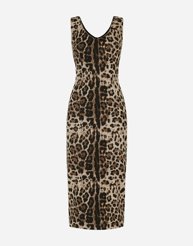 Dolce & Gabbana Langes Kleid aus Jersey-Jacquard Leomuster Mehrfarbig F6AWETFJGAS