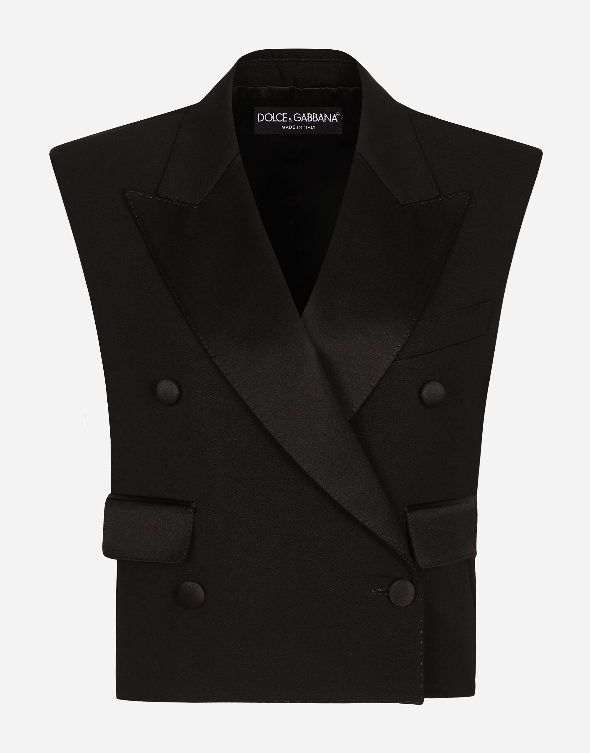 ${brand} Giacca senza maniche doppiopetto tuxedo in gabardina di lana ${colorDescription} ${masterID}