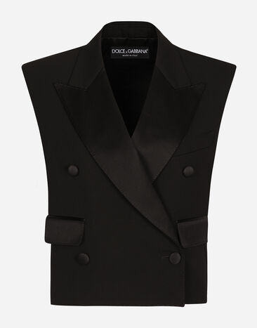 ${brand} Giacca senza maniche doppiopetto tuxedo in gabardina di lana ${colorDescription} ${masterID}