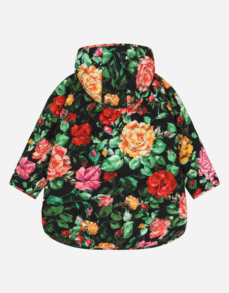 Dolce & Gabbana Kurze gesteppte Daunenjacke aus Nylon mit Rosen auf schwarzem Grund Drucken L5JC15ISMIB