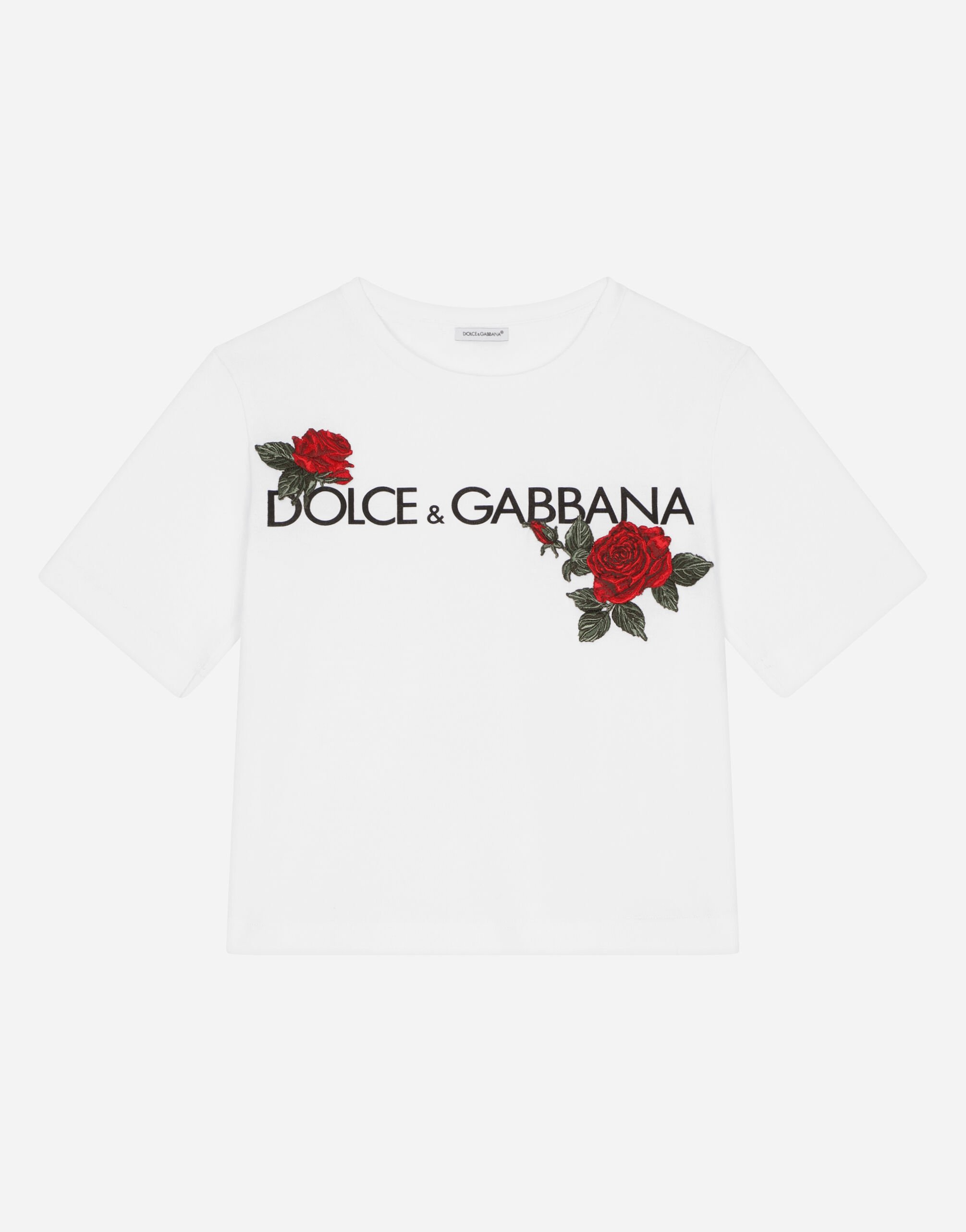 Dolce&Gabbana T-shirt en jersey à imprimé logo et écusson roses Blanc L5JTKZG7JR4