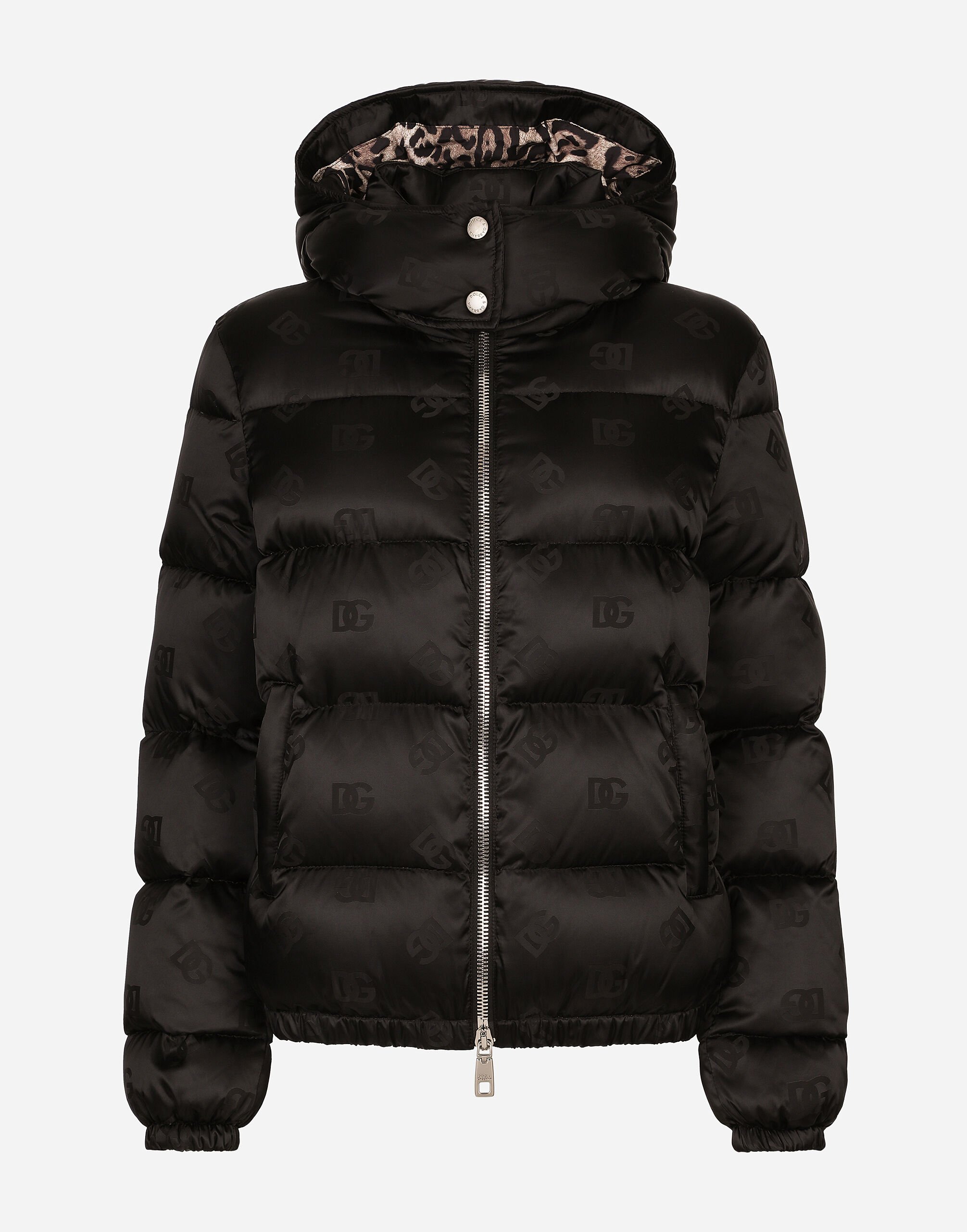 ${brand} Padded satin jacquard down jacket with all-over DG logo ${colorDescription} ${masterID}