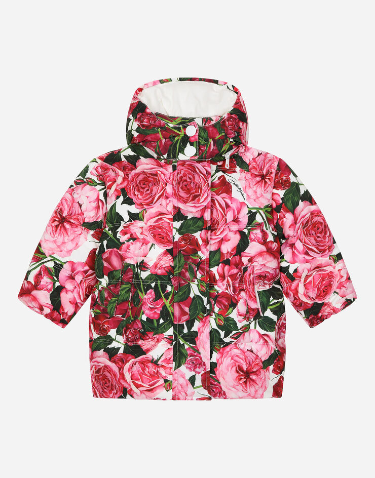 Dolce & Gabbana Short nylon down jacket with rose print over a white background Print L2JBQ6ISMID