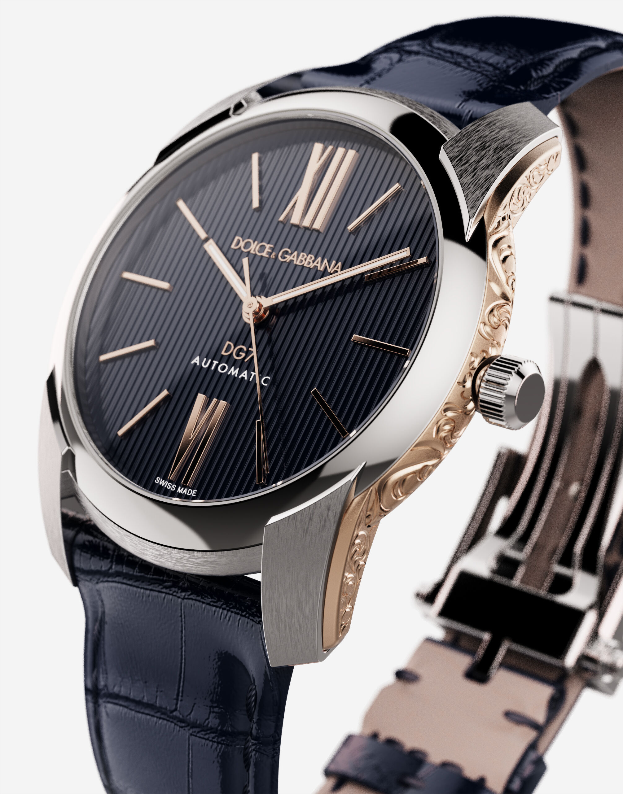 DG7 watch in steel with engraved side decoration in gold in BLUE 