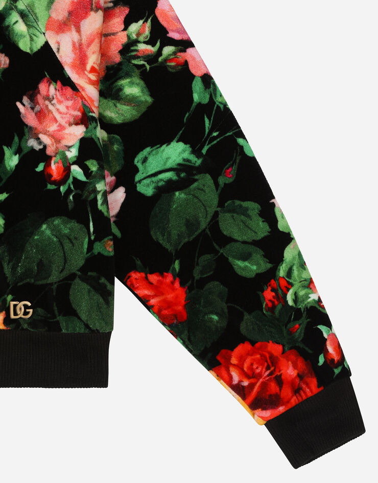 Dolce & Gabbana Chenille hoodie with rose print over a black background Print L5JWBBHS7O9