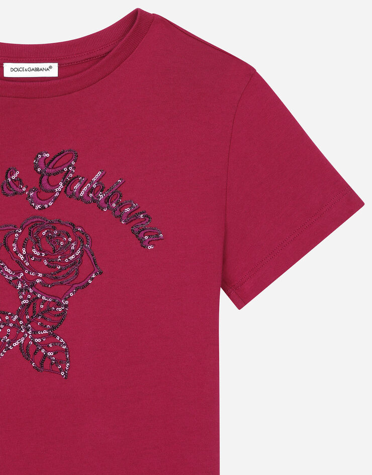 Dolce & Gabbana T-shirt in jersey con logo Dolce&Gabbana e rosa Bordeaux L5JTNKG7NZP