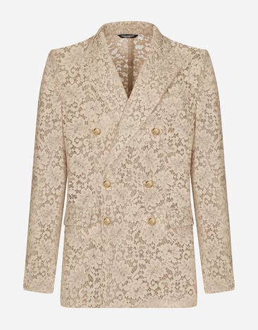 Dolce & Gabbana Zweireihige Jacke aus Kordelspitze Weiss GKAHMTFUTBT