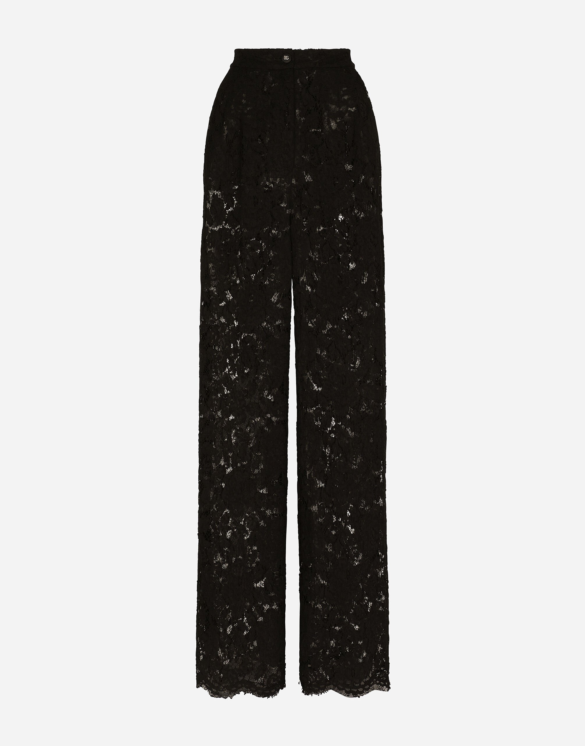 Dolce & Gabbana Ausgestellte Hose aus elastischer Spitze mit Logo Schwarz F26X8TFMMHN