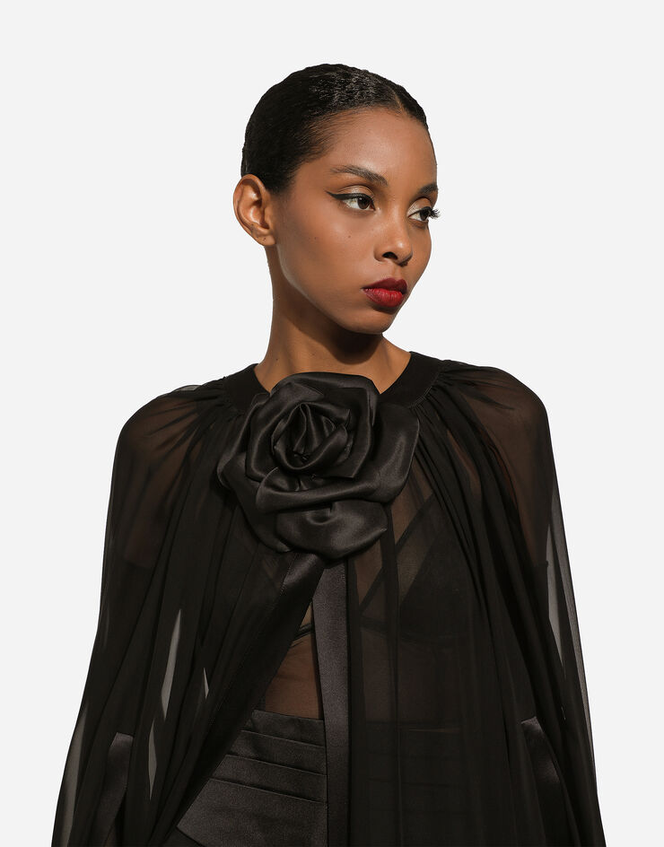 Dolce&Gabbana Silk chiffon cape with flower appliqué Black F0W1NTFU1AT