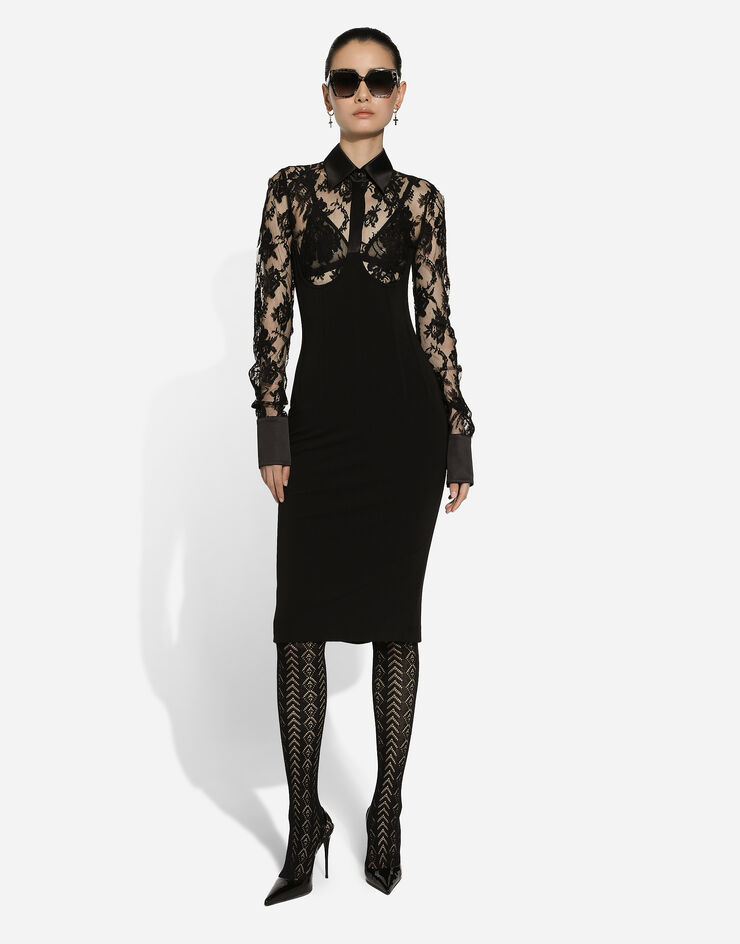 Dolce & Gabbana Calf-length jersey and lace dress with corset details Black F6JFZTGDCH0