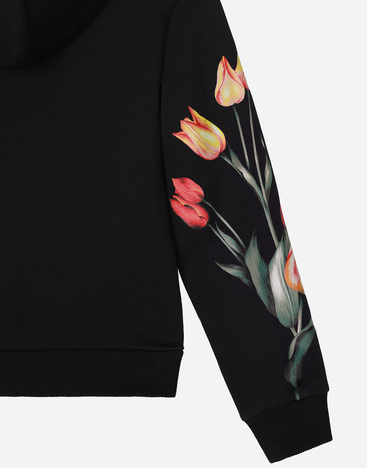 Dolce & Gabbana Kapuzensweatshirt aus Jersey mit Tulpen und Logoplakette Blau L5JWAUG7NNZ