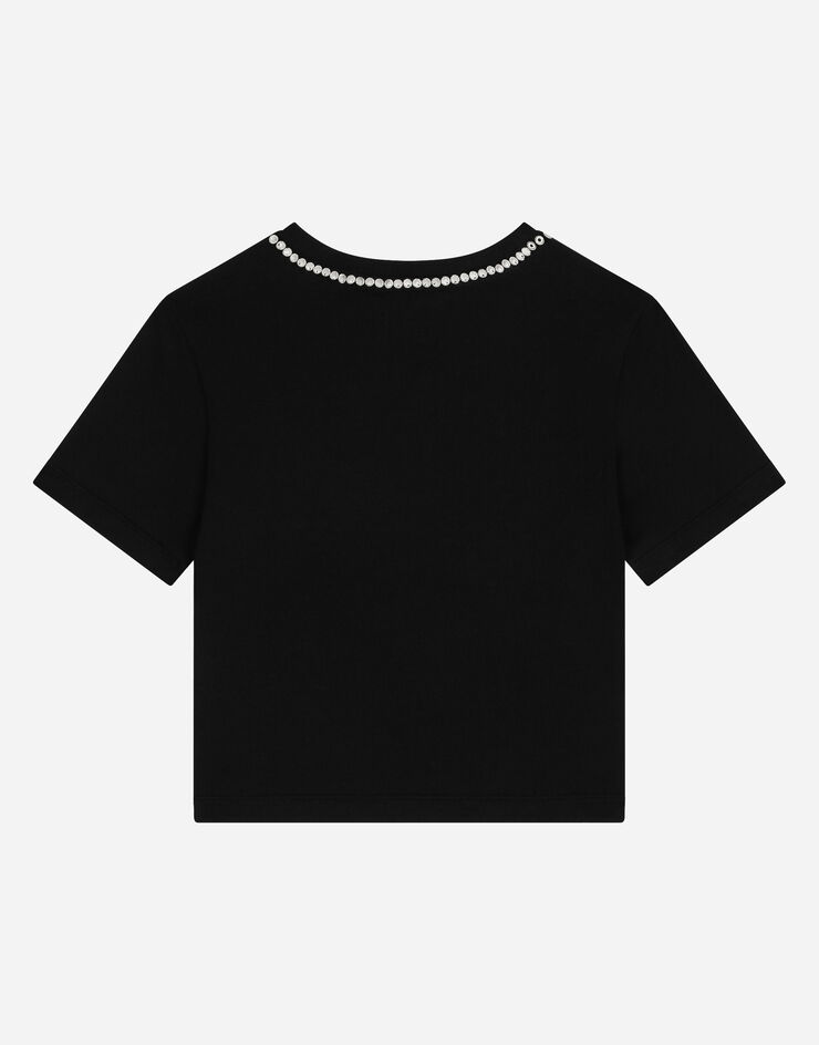 Dolce&Gabbana Kurzarm-T-Shirt aus Jersey mit Strass Schwarz L5JTKTG7K5Q