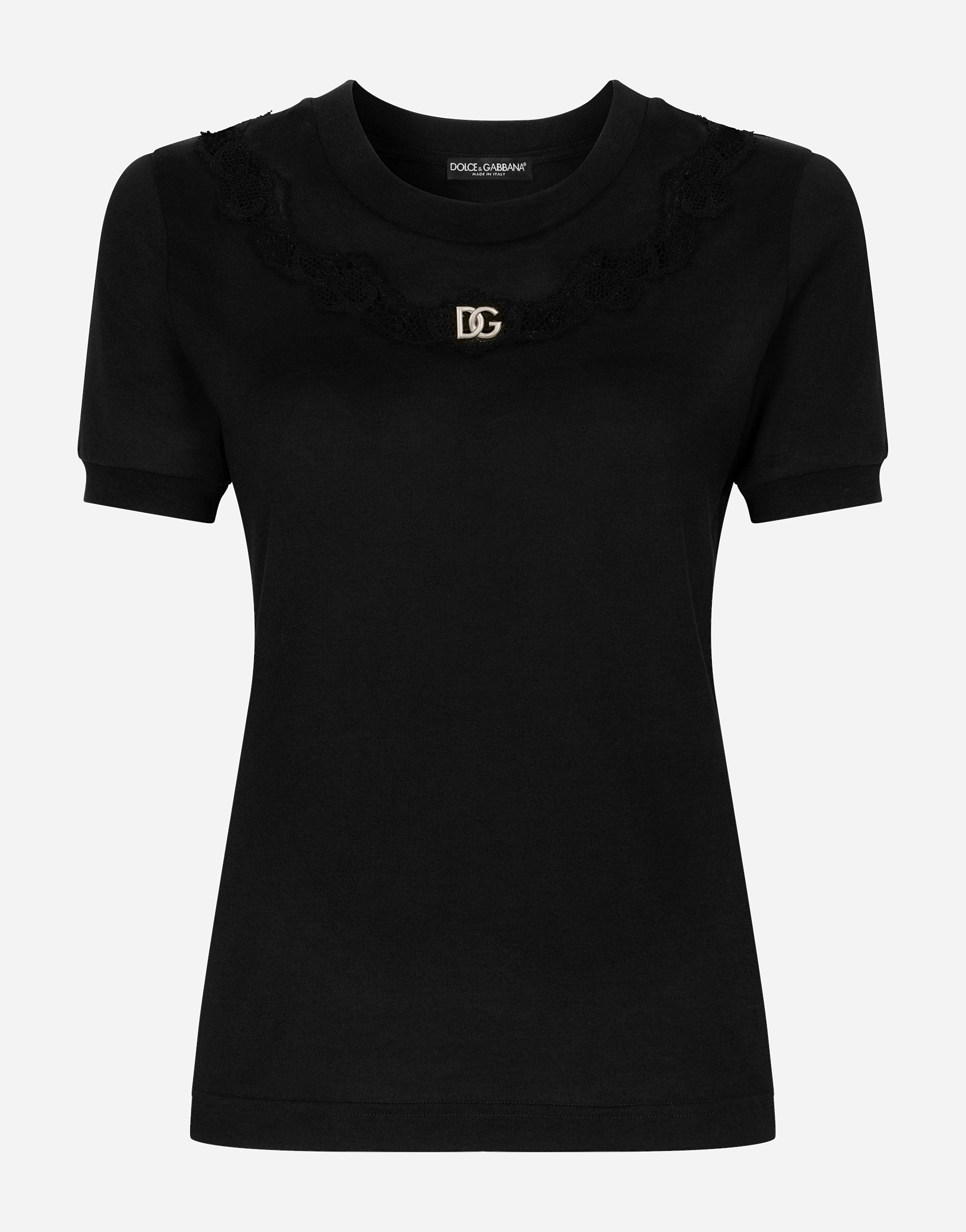 Jersey T-shirt with DG logo and lace inserts in Black for Women 