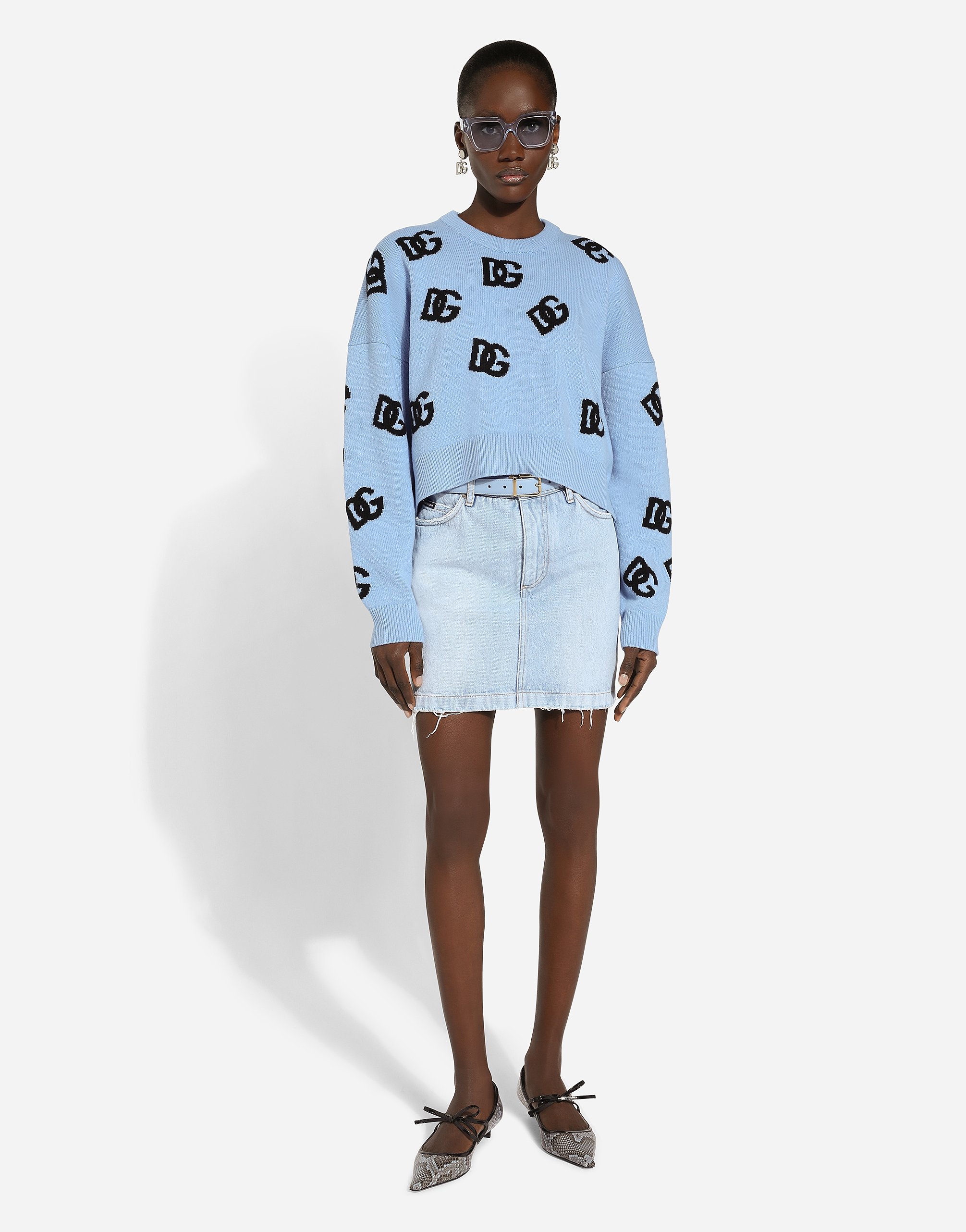 Shop Dolce & Gabbana Wool Round-neck Sweater With Dg Logo Inlay In Azure