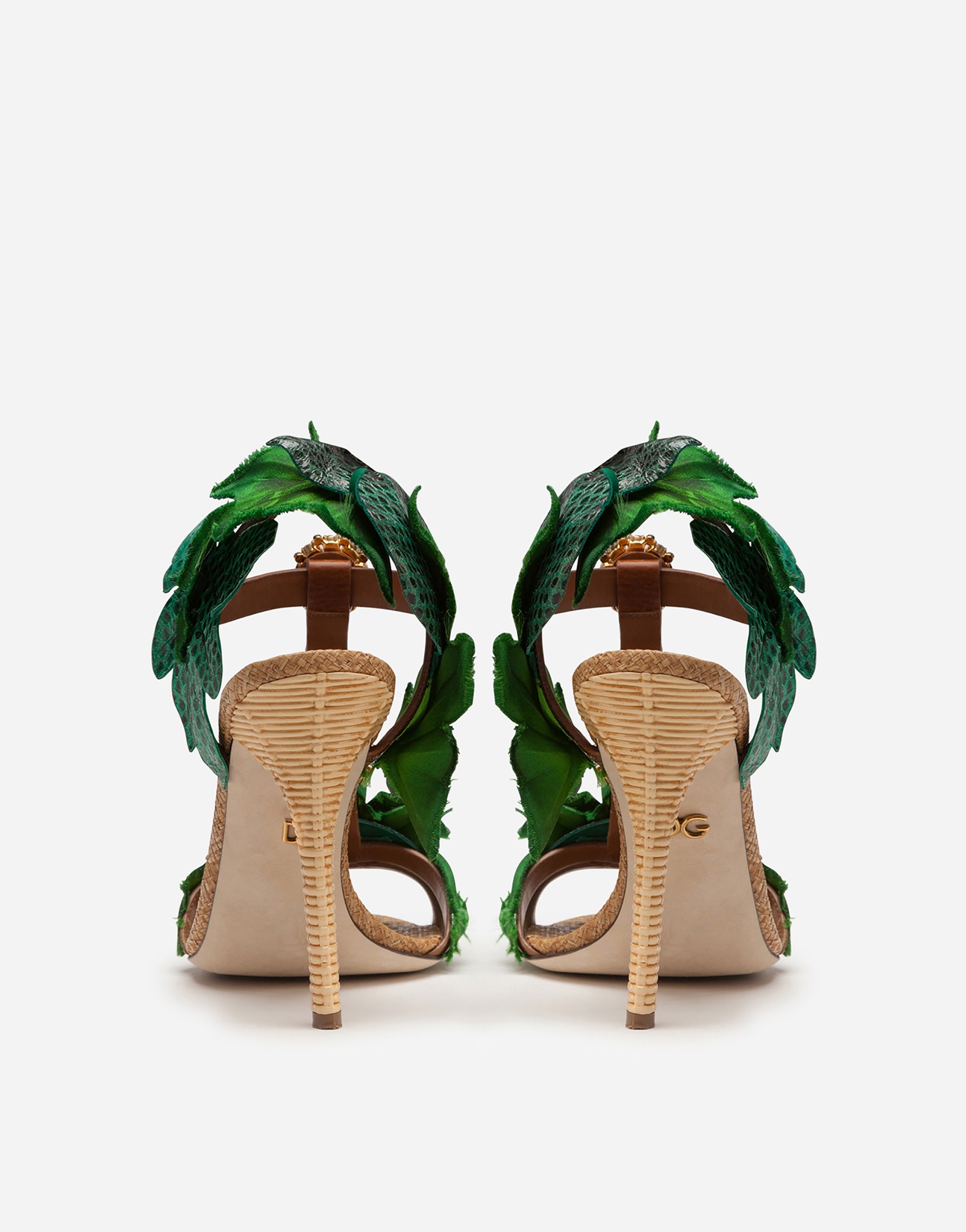 Sandals in cowhide with leaf appliqué and bejeweled embroidery