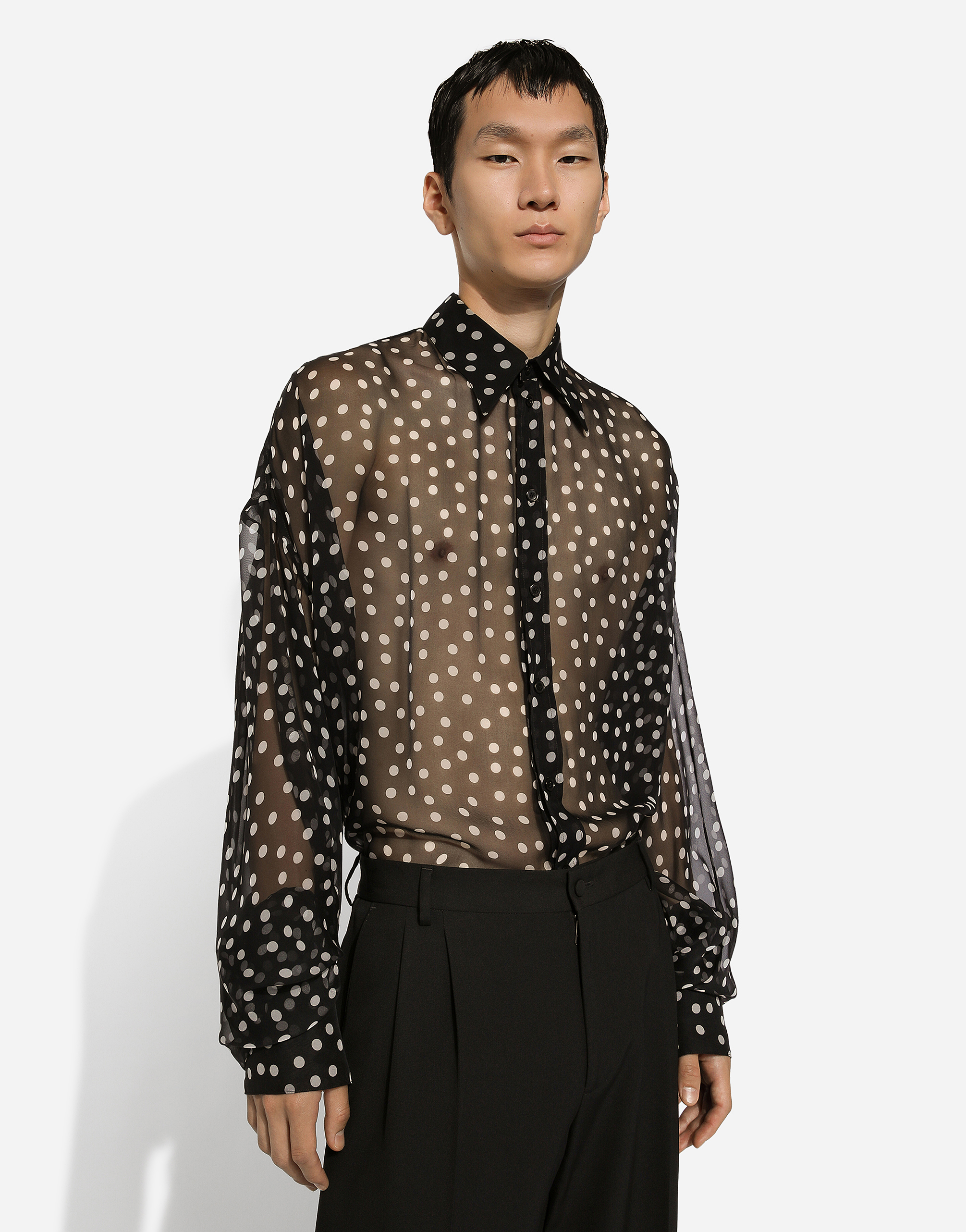Super-oversize silk chiffon shirt with polka-dot print