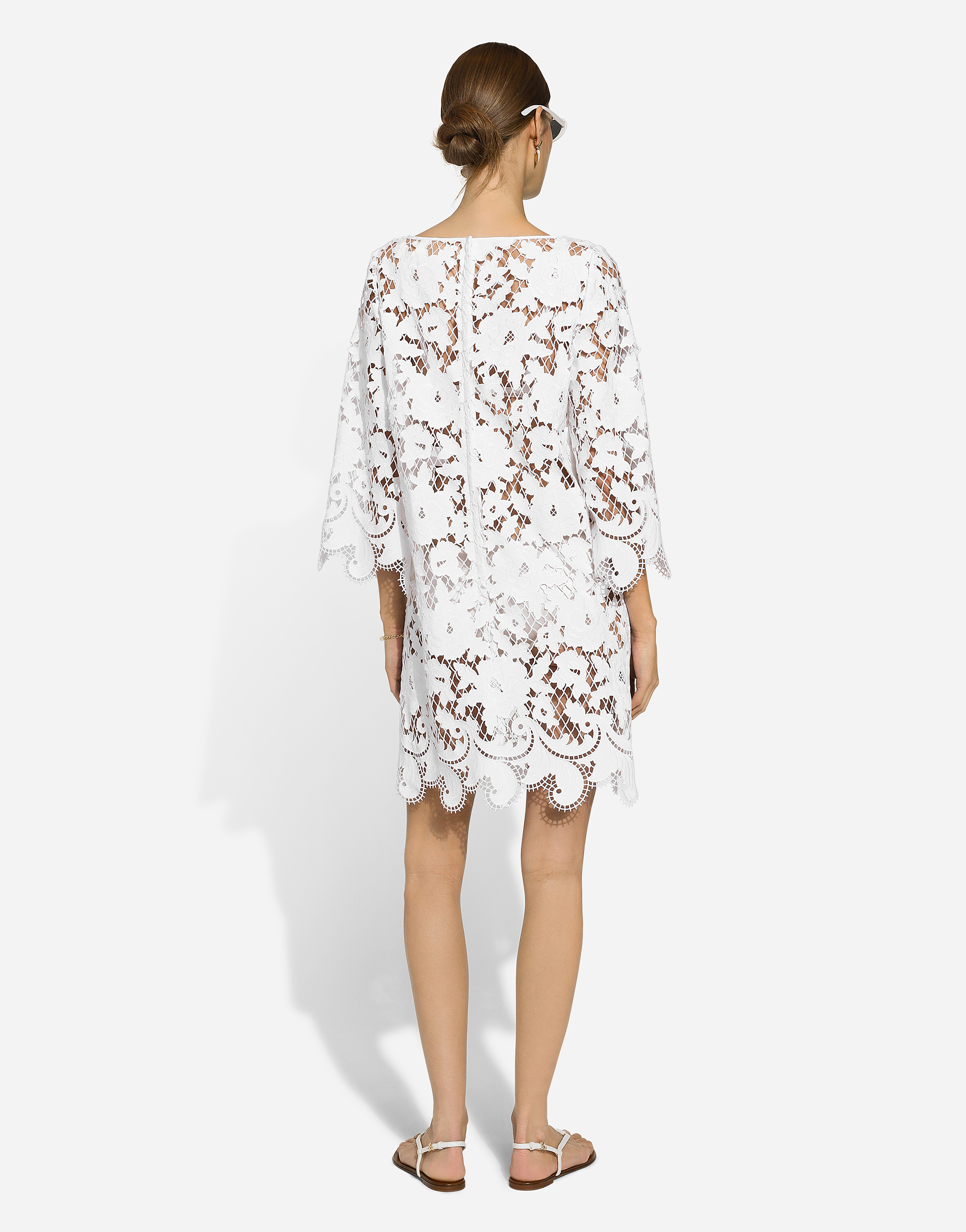 Shop Dolce & Gabbana Floaty Short Cotton Dress With Floral Openwork Embroidery In ホワイト