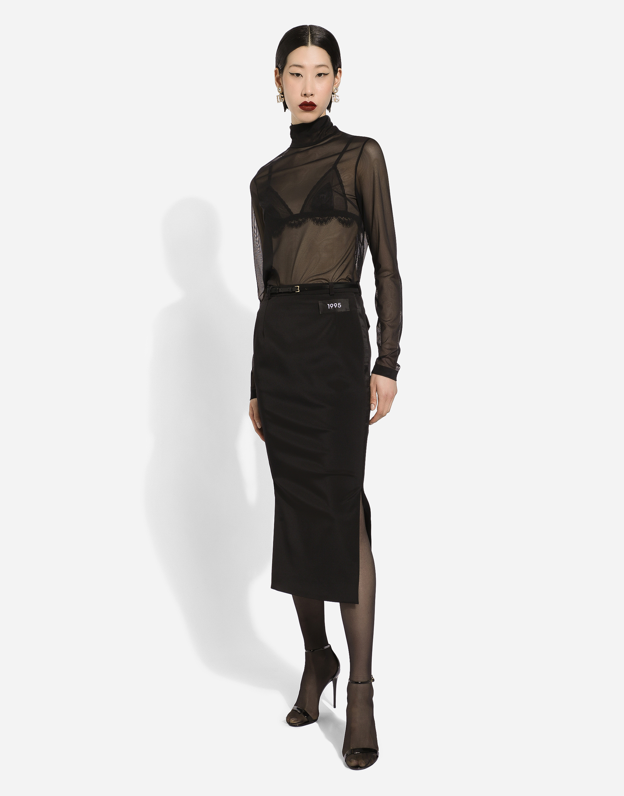 Dolce & Gabbana Black Lace Logo Band Detail Turtleneck Top M Dolce
