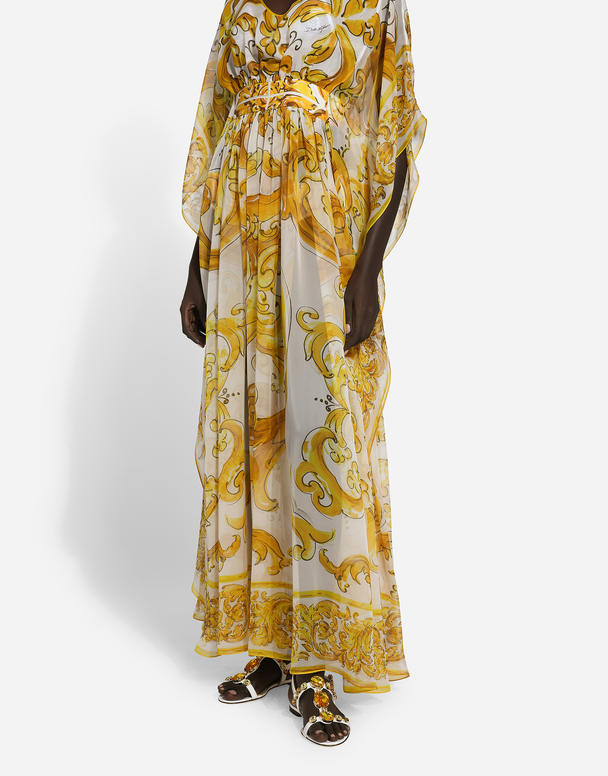 Shop Dolce & Gabbana Long Silk Chiffon Dress With Majolica Print